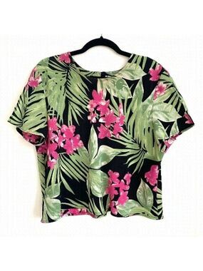 Vintage Floral Hawaiian Tropical Top Women's Large Boxy Blouse Short Sleeve